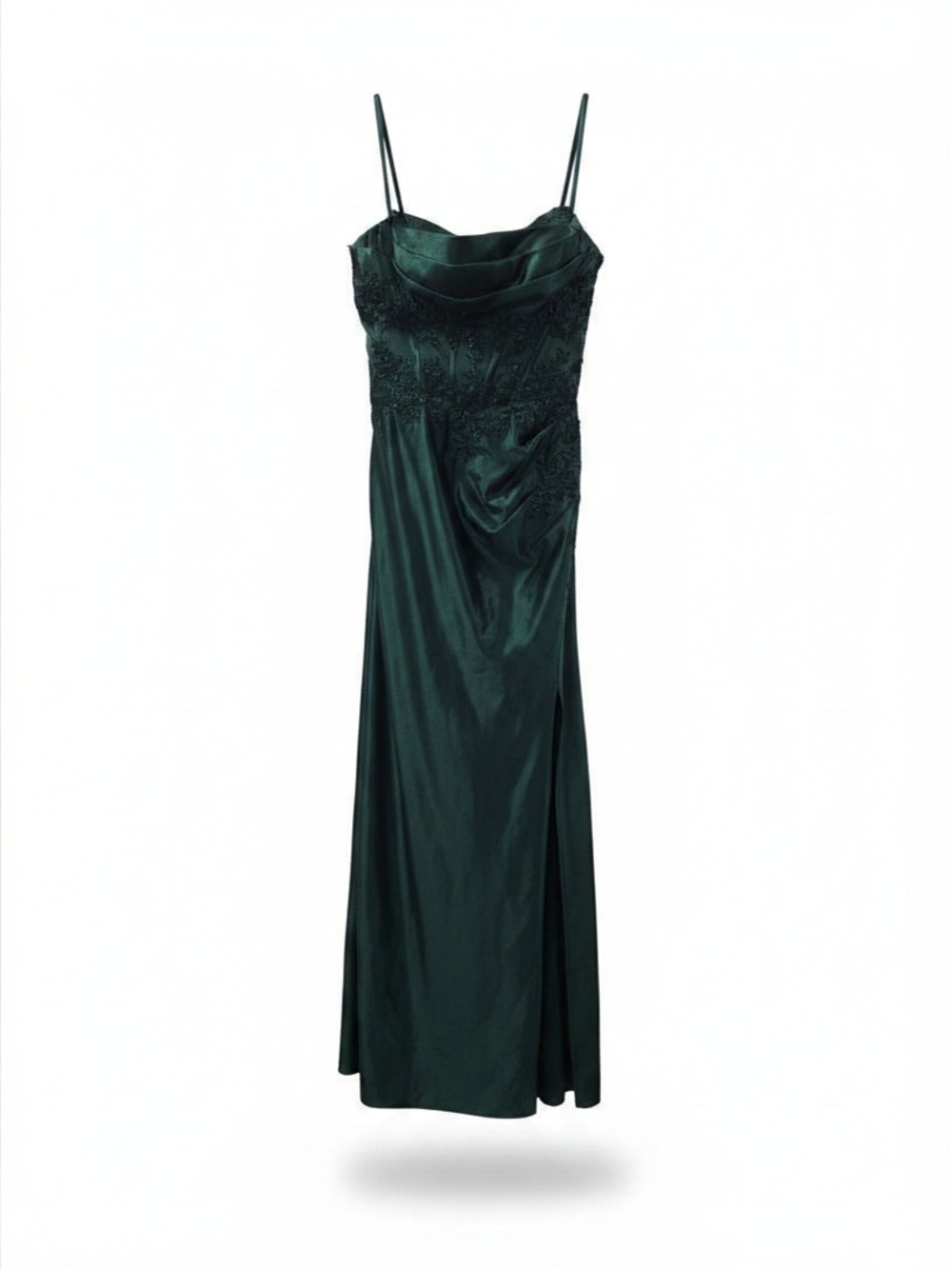 Emerald Green Satin Slip Dress with Lace Bodice